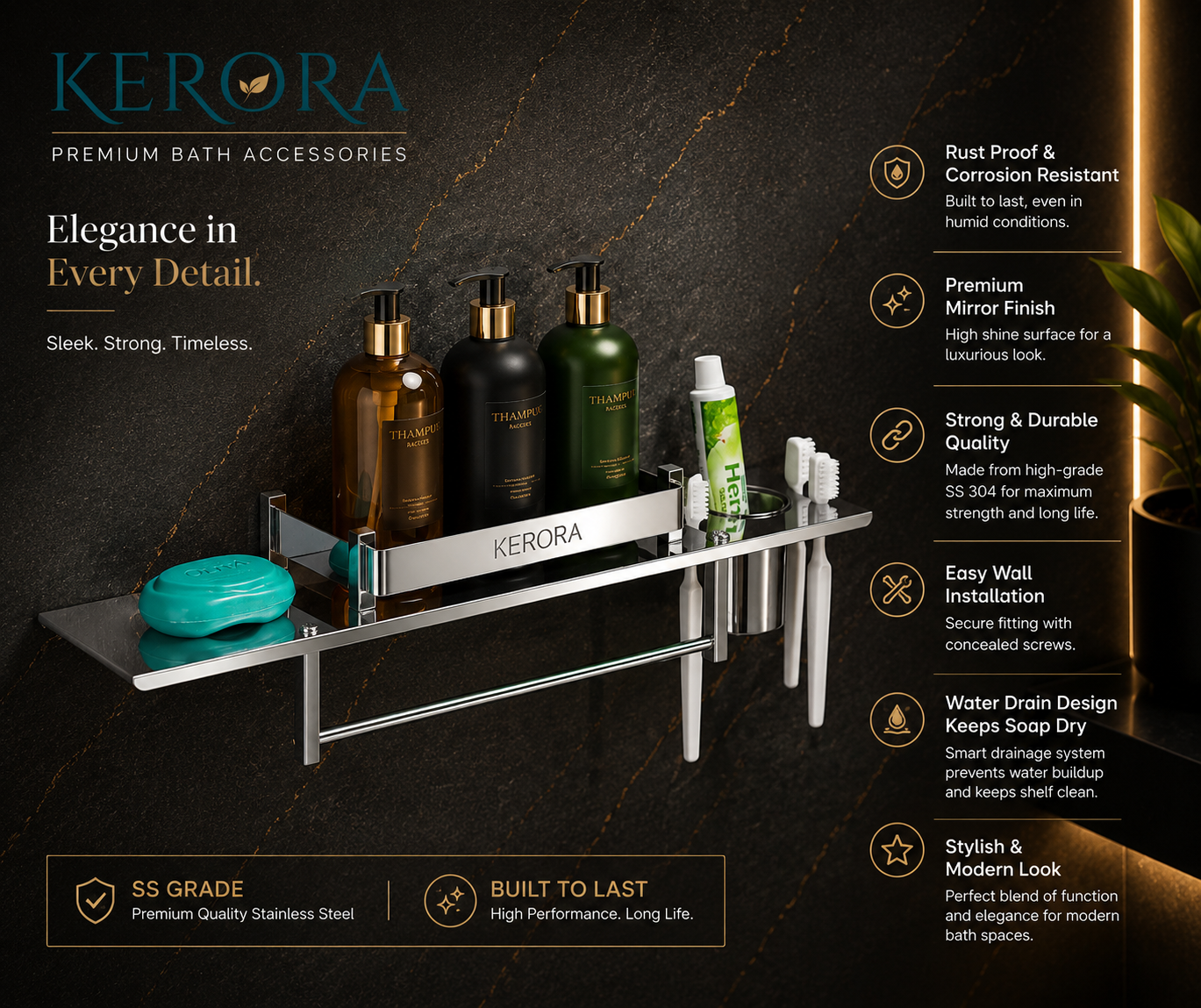 KERORA 4-IN-1 PREMIUM STAINLESS STEEL BATHROOM SHELF